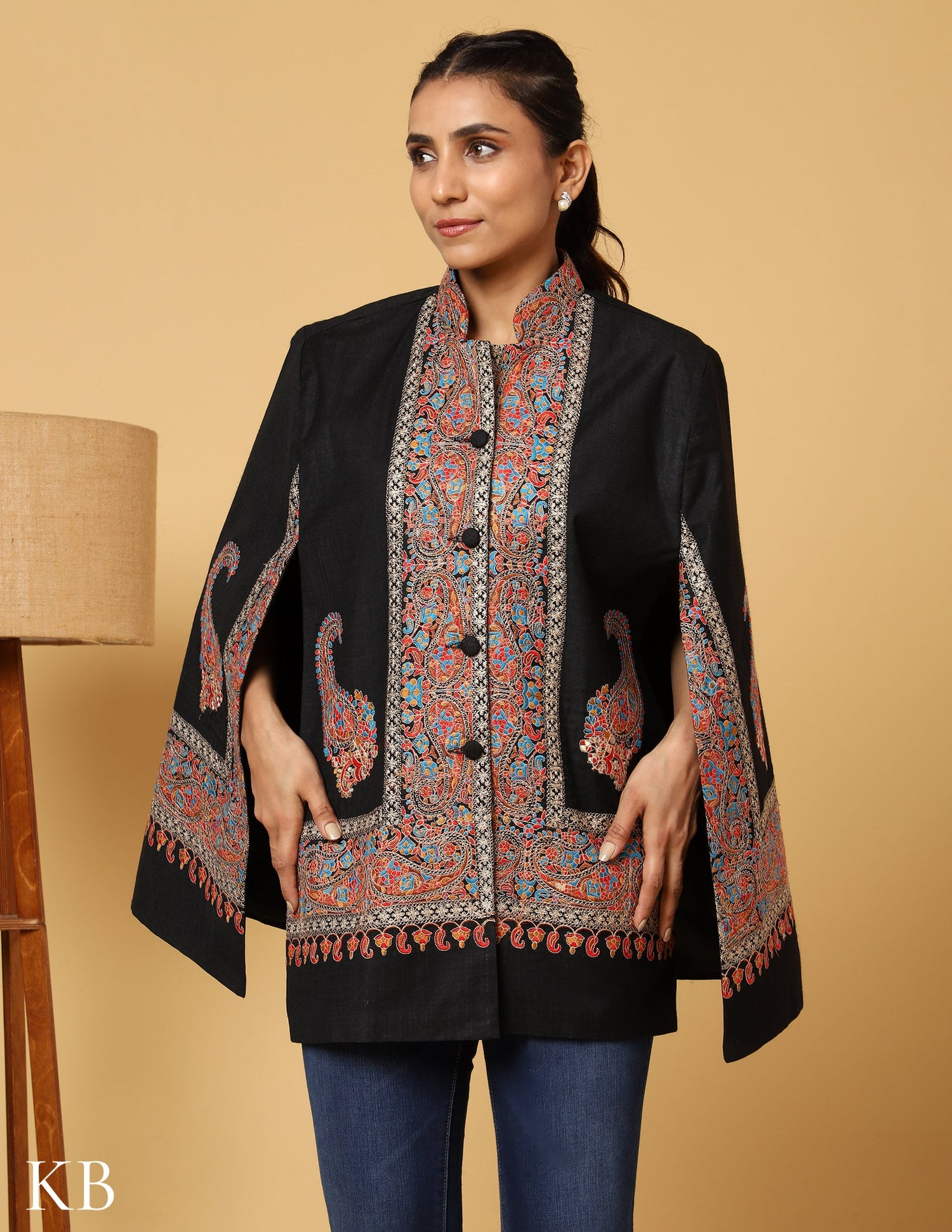 Jet Black Sozni Zari Woolen Cape Jacket - Kashmir Box