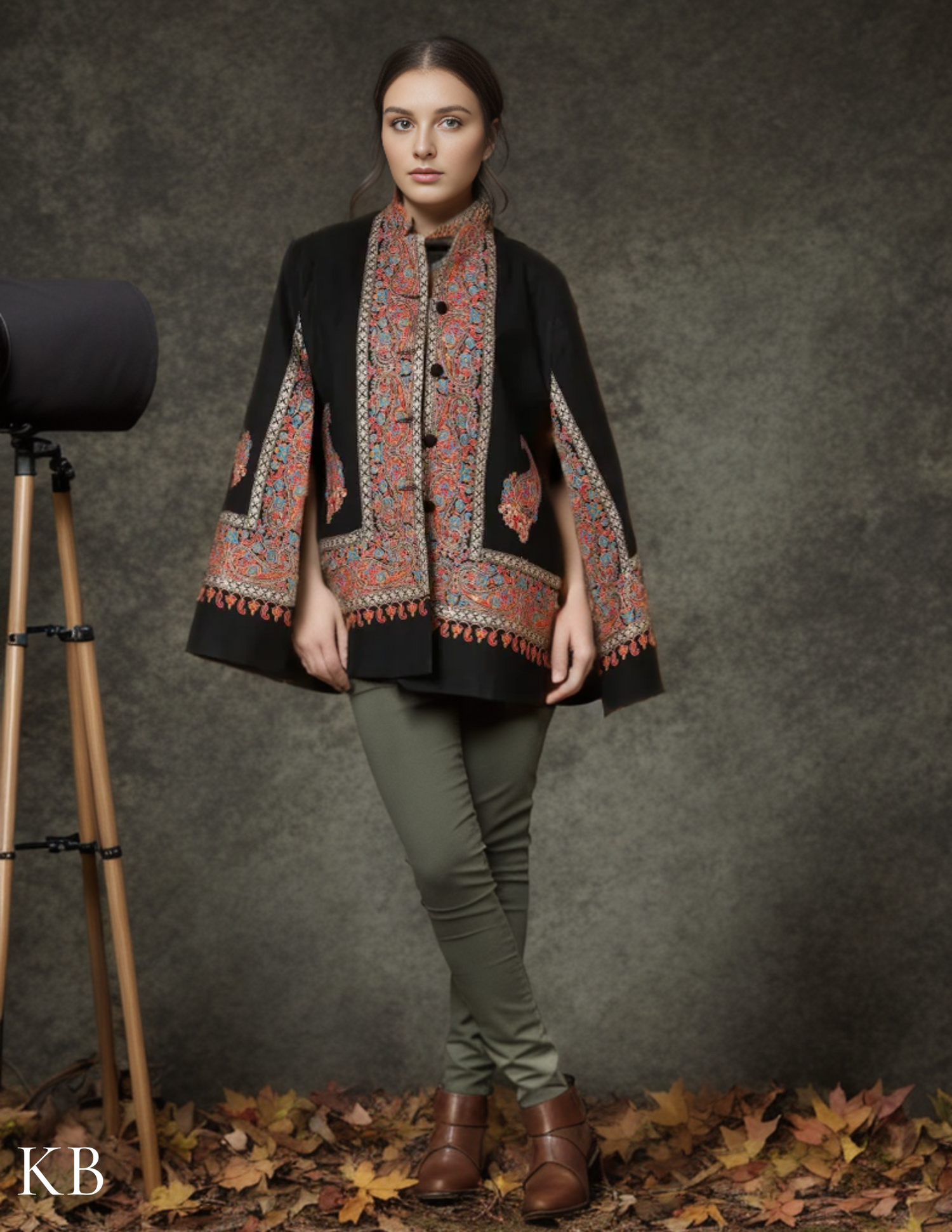 Jet Black Sozni Zari Woolen Cape Jacket - Kashmir Box