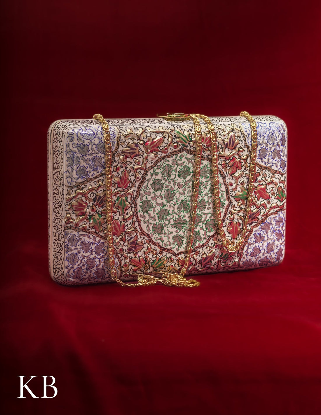 Kashmiri Papier Mâché Clutch – Large White Hand-Painted | Artisan-Made | Handcrafted Heritage