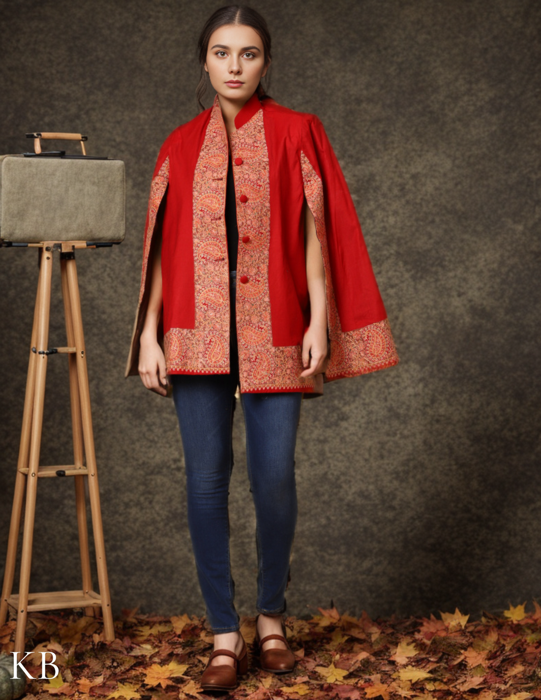 Chilli Red Sozni Zai Woolen Cape Jacket. - Kashmir Box