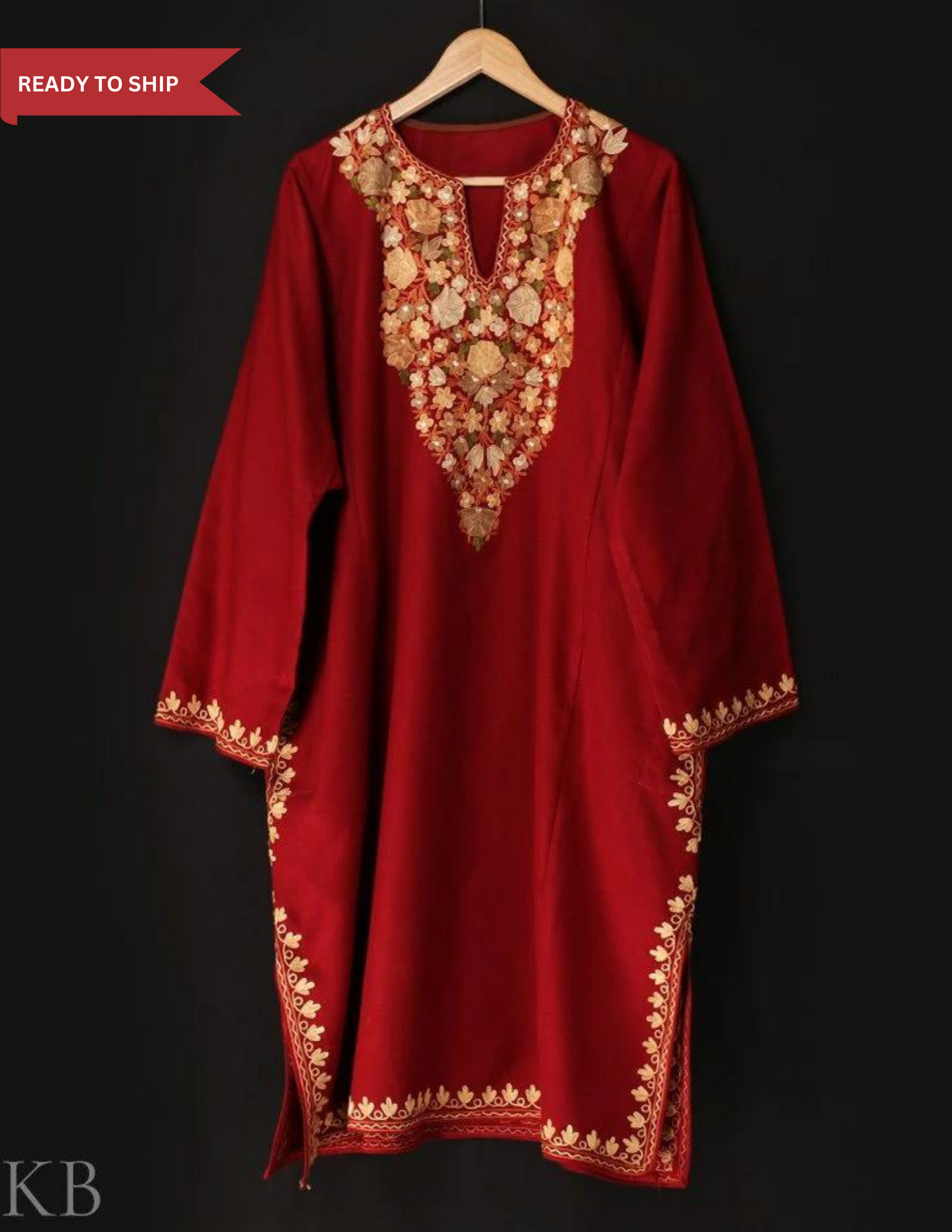 Maroon Aari Embroidered Cashmilon Phiran - Kashmir Box