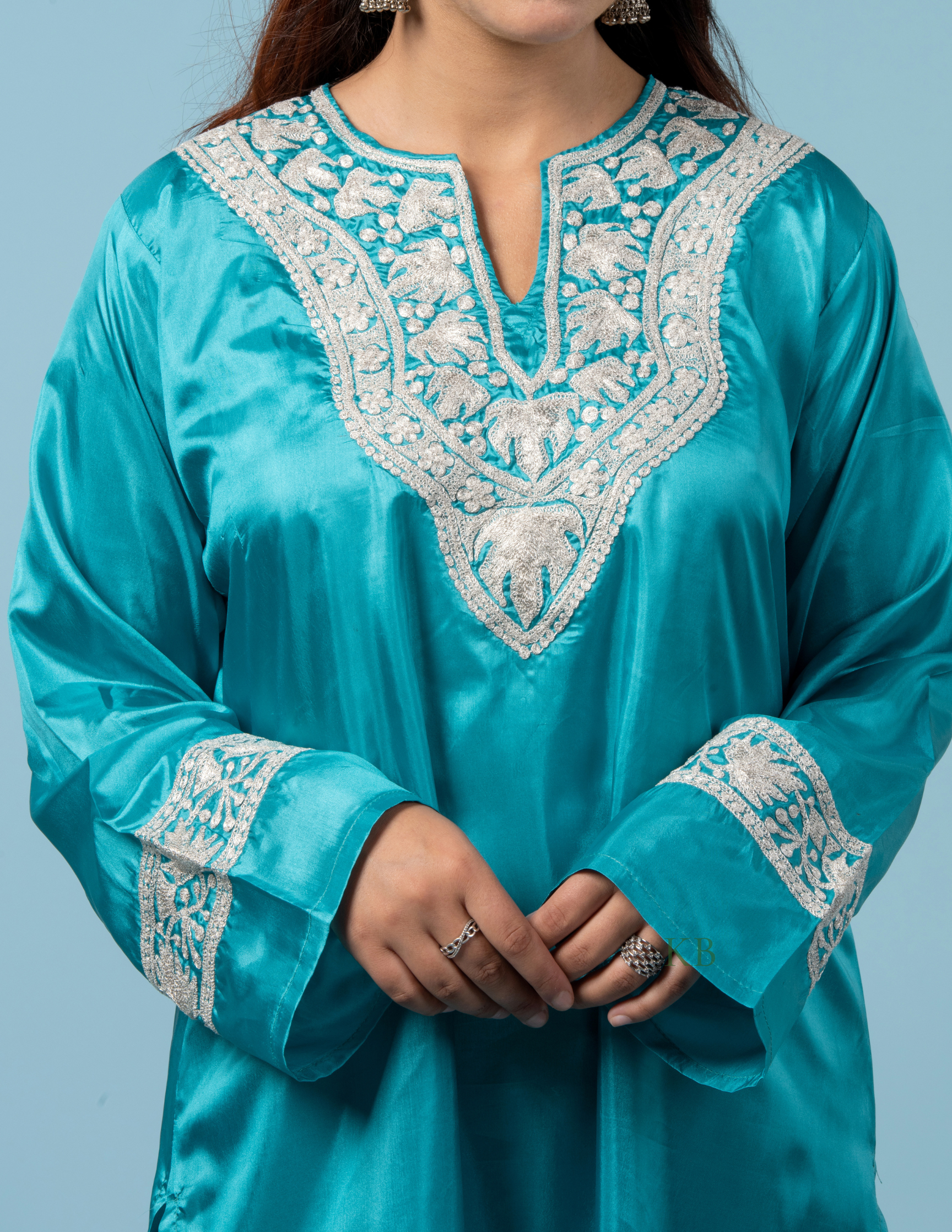 Khushi Tilla Embroidered Sky Blue Silk Suit with 2.5 Meters Dupatta - Kashmir Box