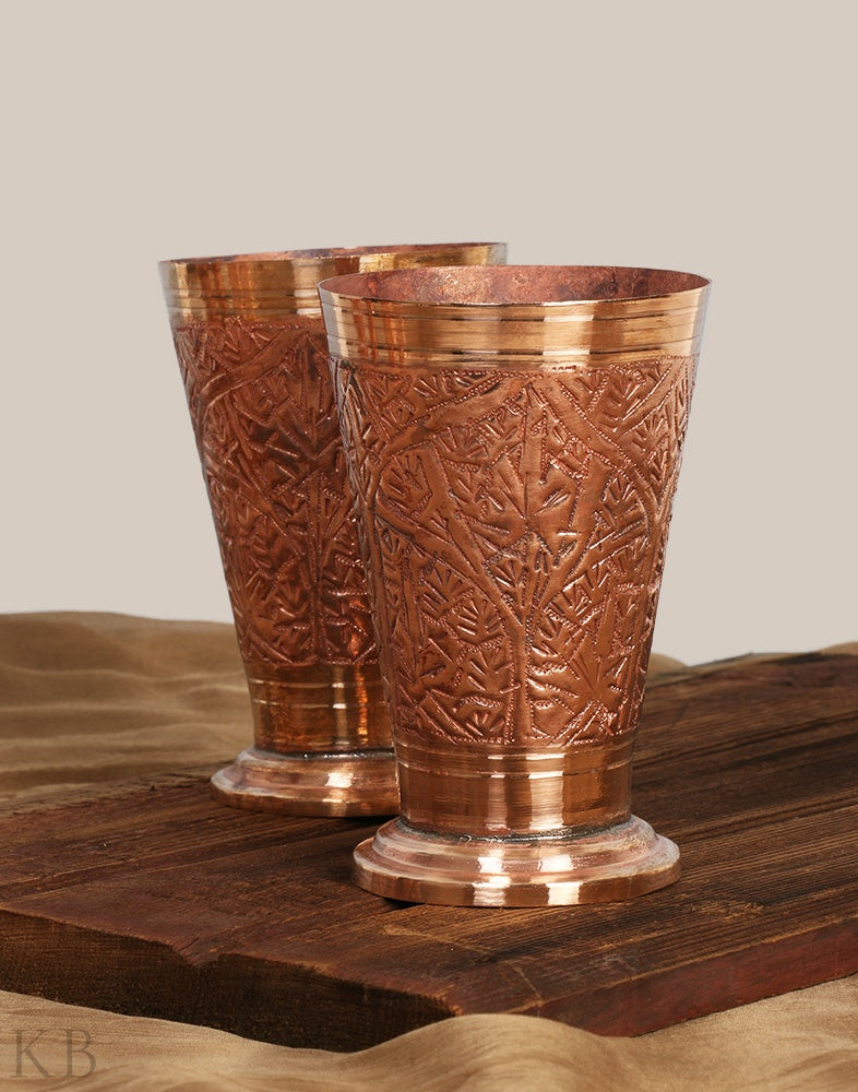 Gold Hued Engraved Copper Glass (Set of 6) - KashmirBox.com