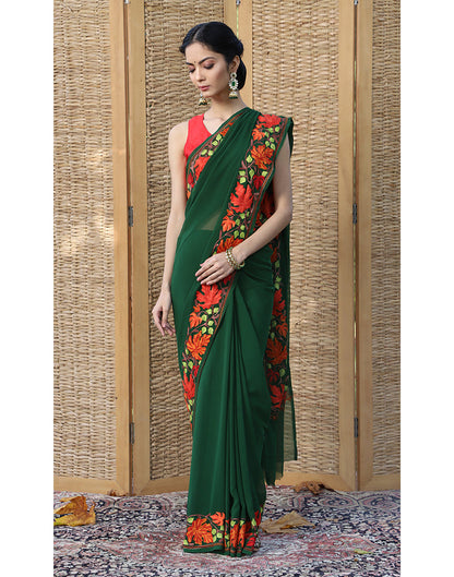 Chinar Border Aari Kaari Green Embroidered Saree - KashmirBox.com