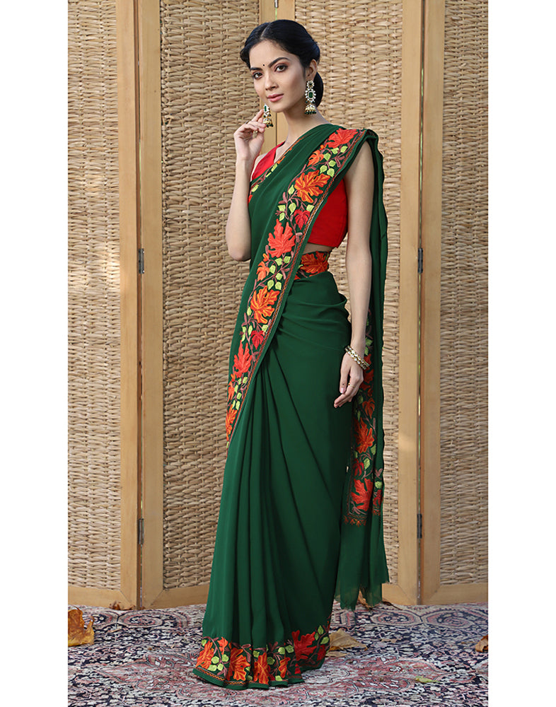 Chinar Border Aari Kaari Green Embroidered Saree - KashmirBox.com