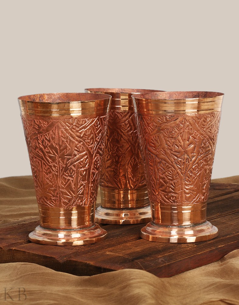 Gold Hued Engraved Copper Glass (Set of 6) - KashmirBox.com