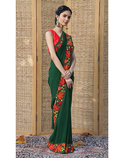 Chinar Border Aari Kaari Green Embroidered Saree - KashmirBox.com