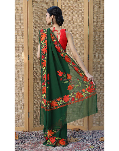 Chinar Border Aari Kaari Green Embroidered Saree - KashmirBox.com