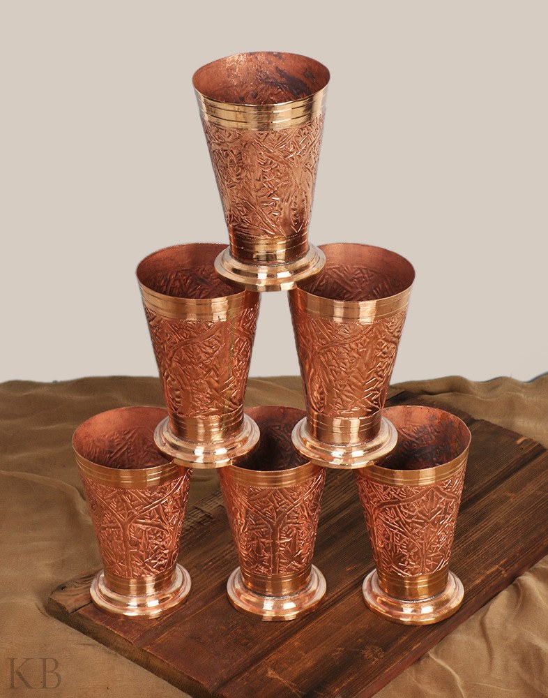 Gold Hued Engraved Copper Glass (Set of 6) - KashmirBox.com