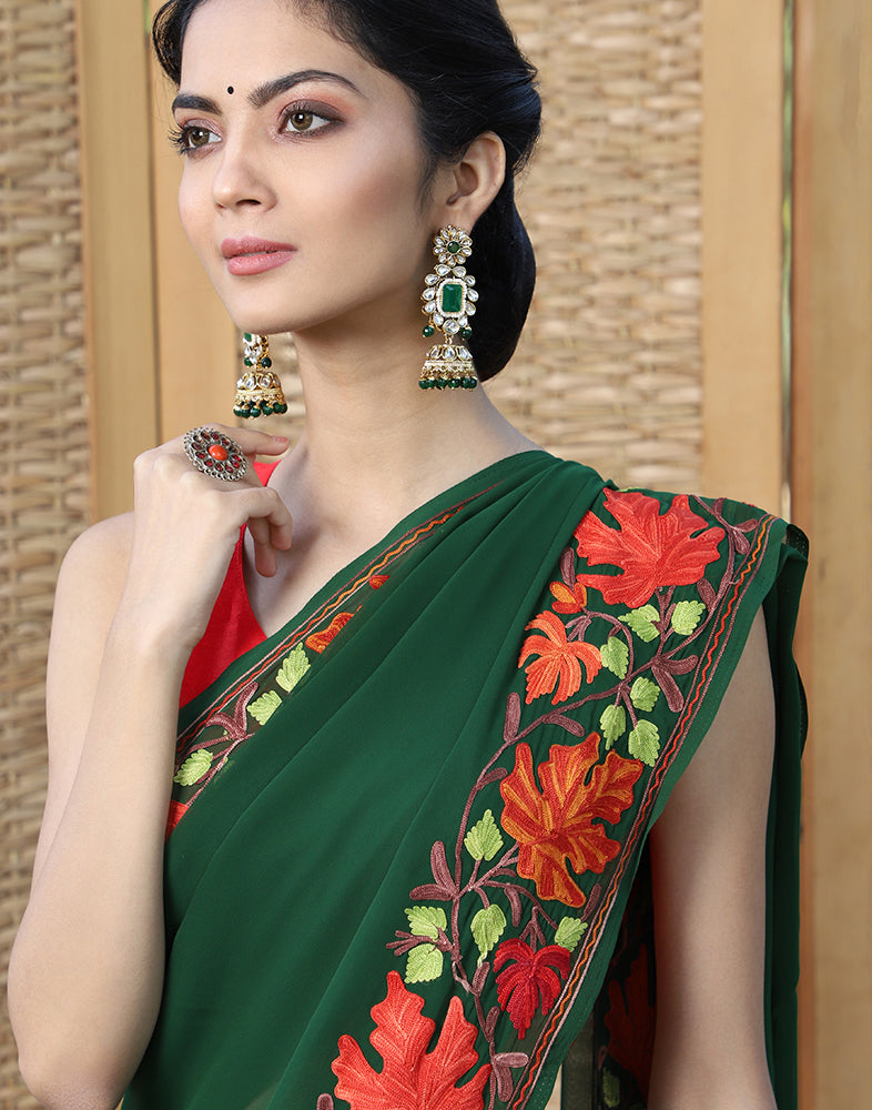 Chinar Border Aari Kaari Green Embroidered Saree - KashmirBox.com