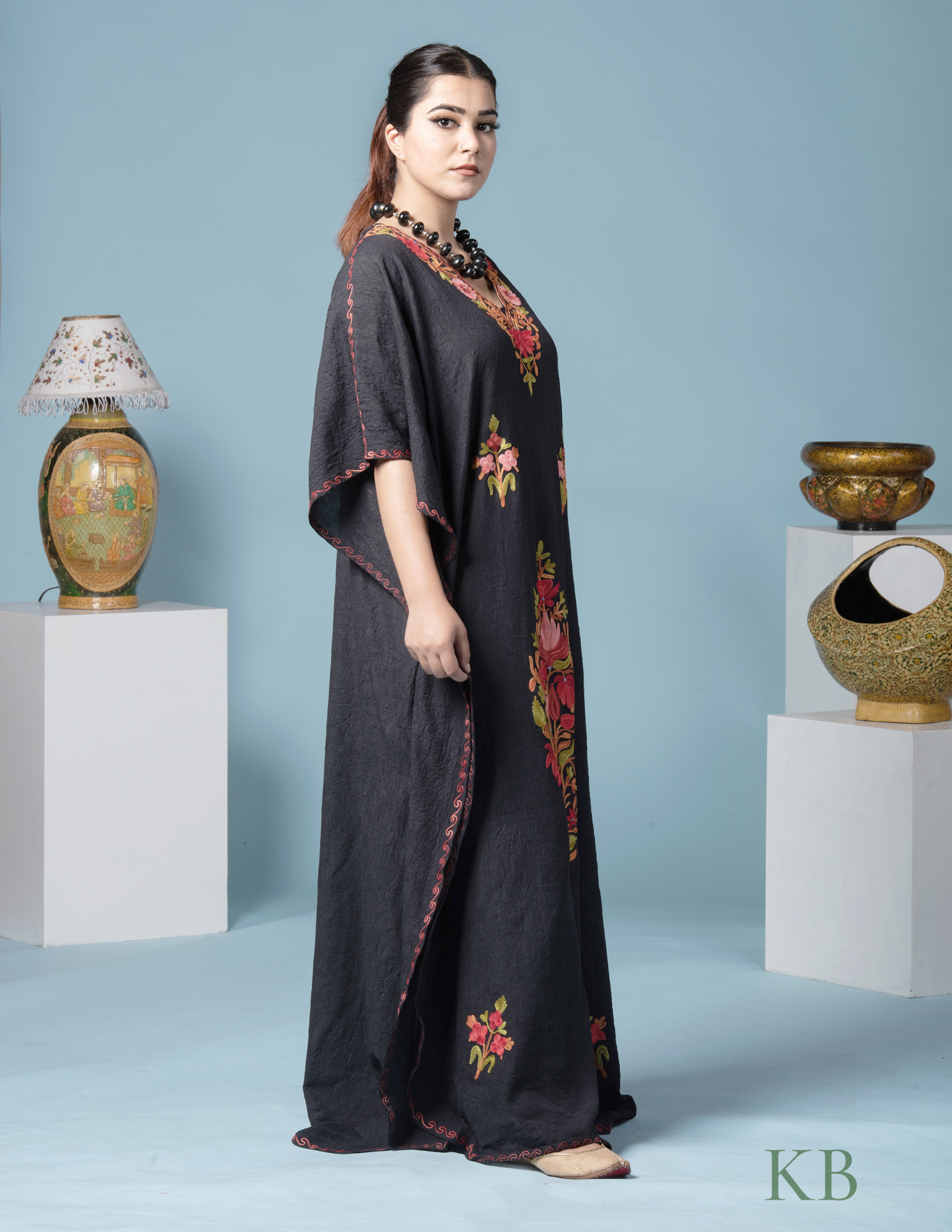 Black Floral Aari Embroidered Cotton Kaftan - Kashmir Box