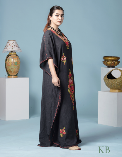 Black Floral Aari Embroidered Cotton Kaftan - Kashmir Box