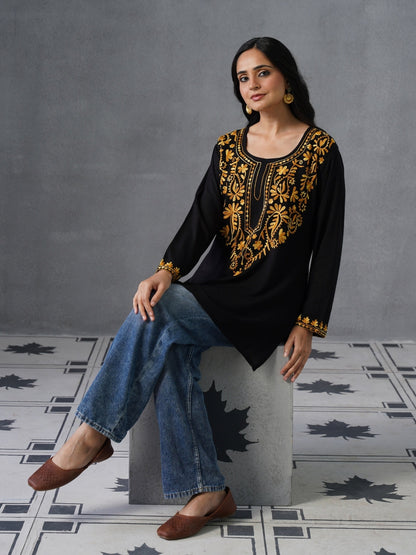 Women’s Black Kashmiri Aari Embroidered Yellow Floral Short Kurti – Casual  Office Wear