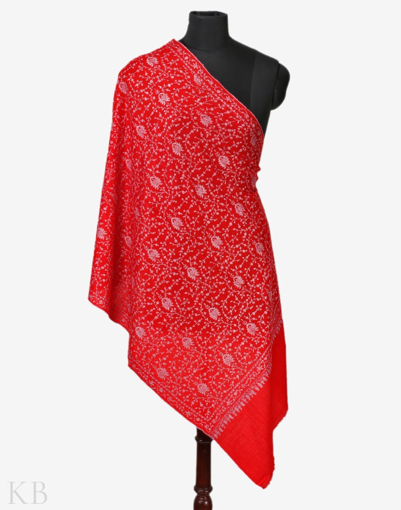 Scarlet Embroidered Pashmina Stole - Kashmir Box