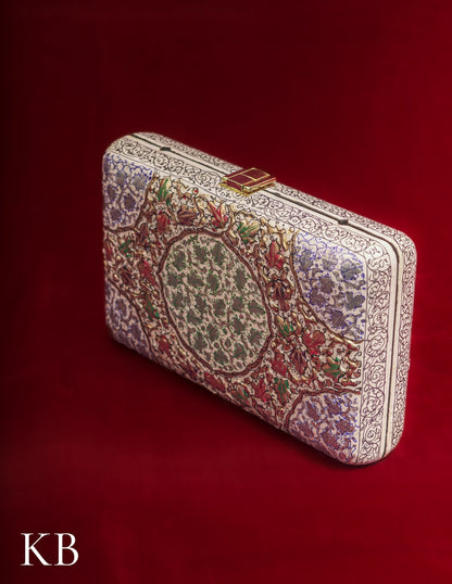 Kashmiri Papier Mâché Clutch – Large White Hand-Painted | Artisan-Made | Handcrafted Heritage