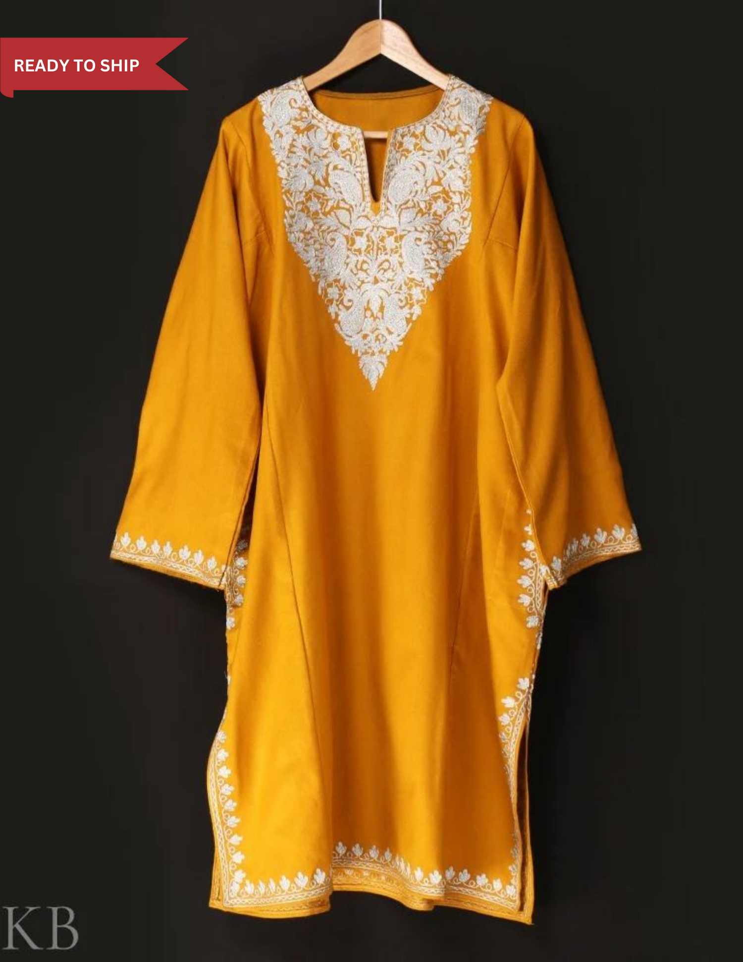 Mustard Orange Zari Embroidered Cashmilon Phiran - Kashmir Box