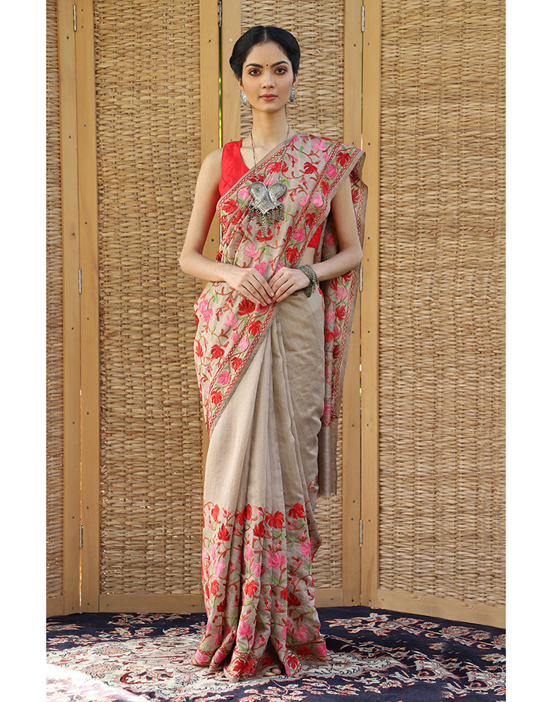 Hazelwood Aari Embroidered Silk Saree - KashmirBox.com