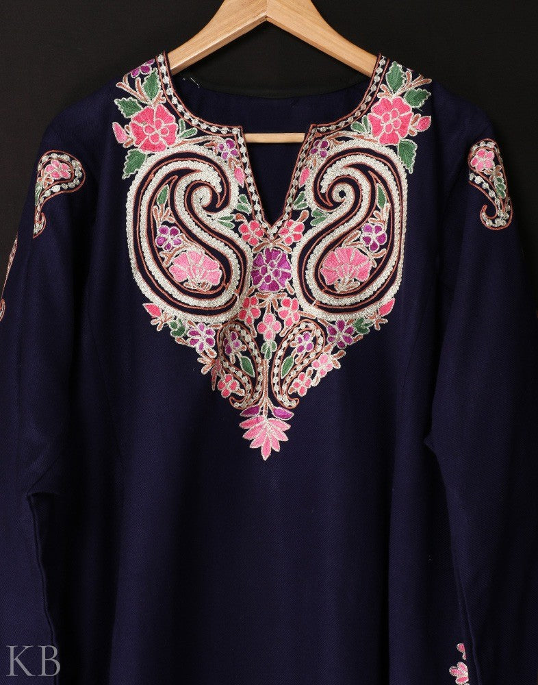 Indigo Blue Aari Zari Embroidered Cashmilon Phiran - KashmirBox.com