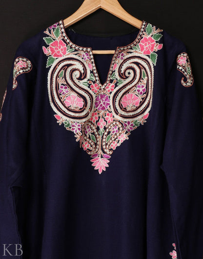 Indigo Blue Aari Zari Embroidered Cashmilon Phiran - KashmirBox.com