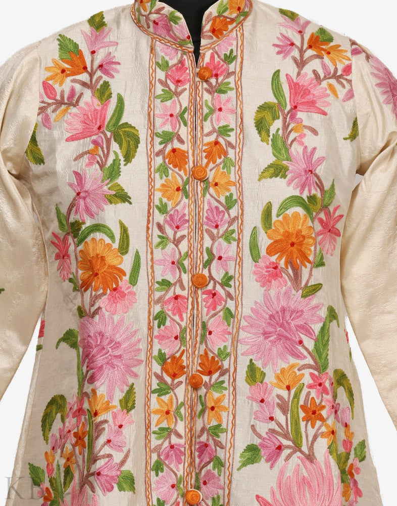 White Aari Embroidered Silk Jacket - KashmirBox.com