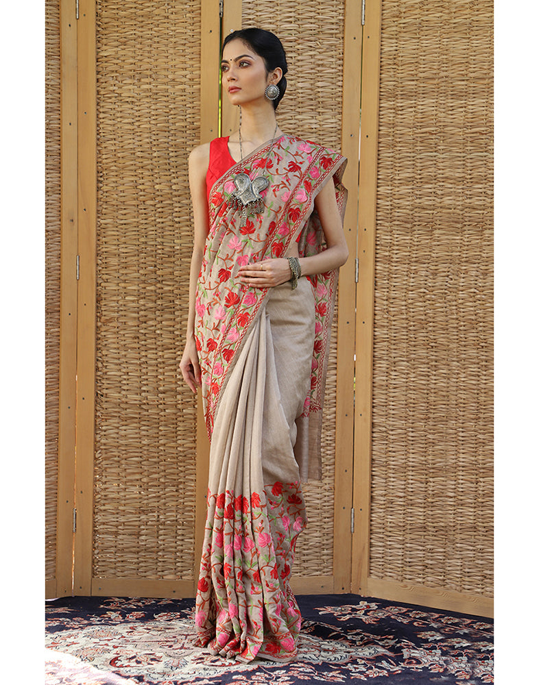 Hazelwood Aari Embroidered Silk Saree - KashmirBox.com