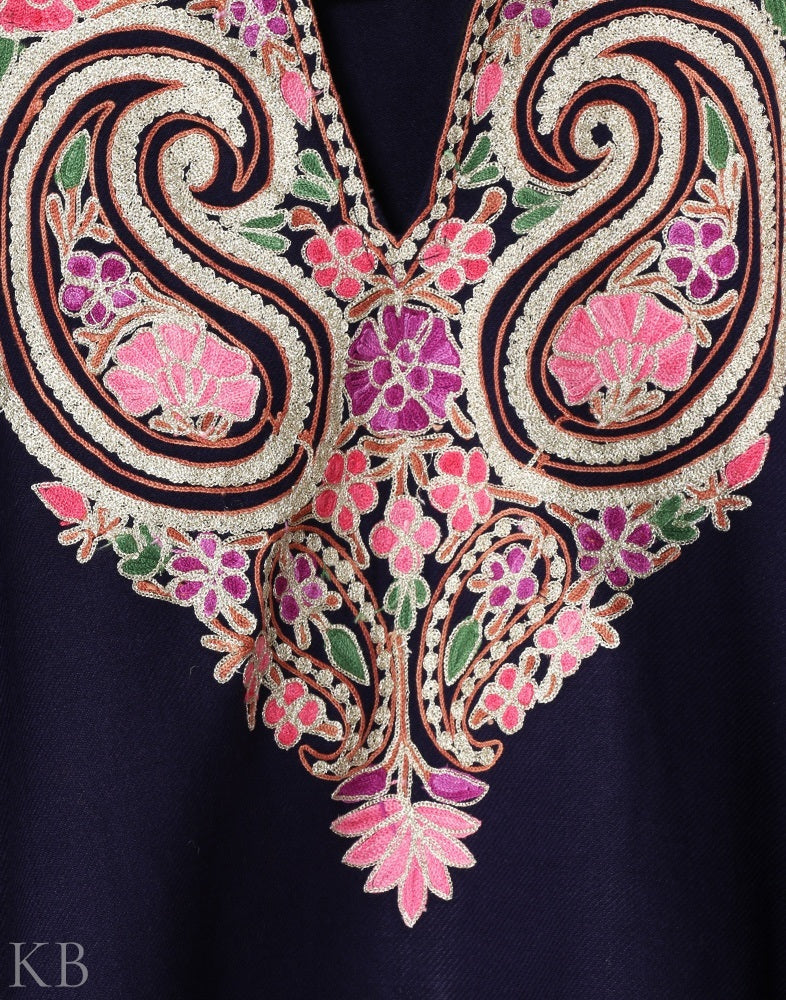 Indigo Blue Aari Zari Embroidered Cashmilon Phiran - KashmirBox.com