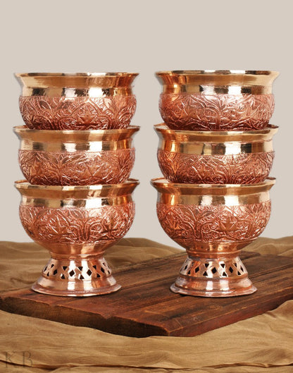 Gold Hued Engraved Copper Bowls (Set of 6) - KashmirBox.com