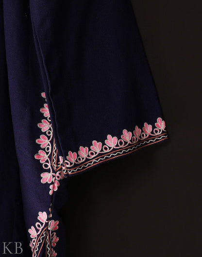 Indigo Blue Aari Zari Embroidered Cashmilon Phiran - KashmirBox.com