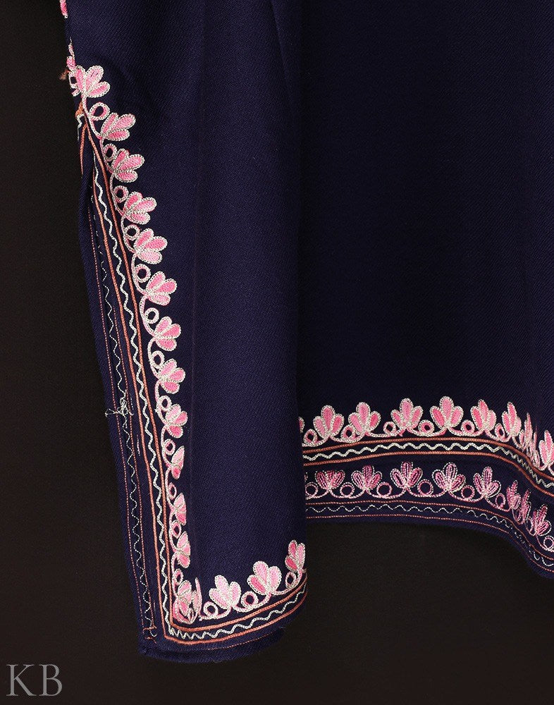 Indigo Blue Aari Zari Embroidered Cashmilon Phiran - KashmirBox.com