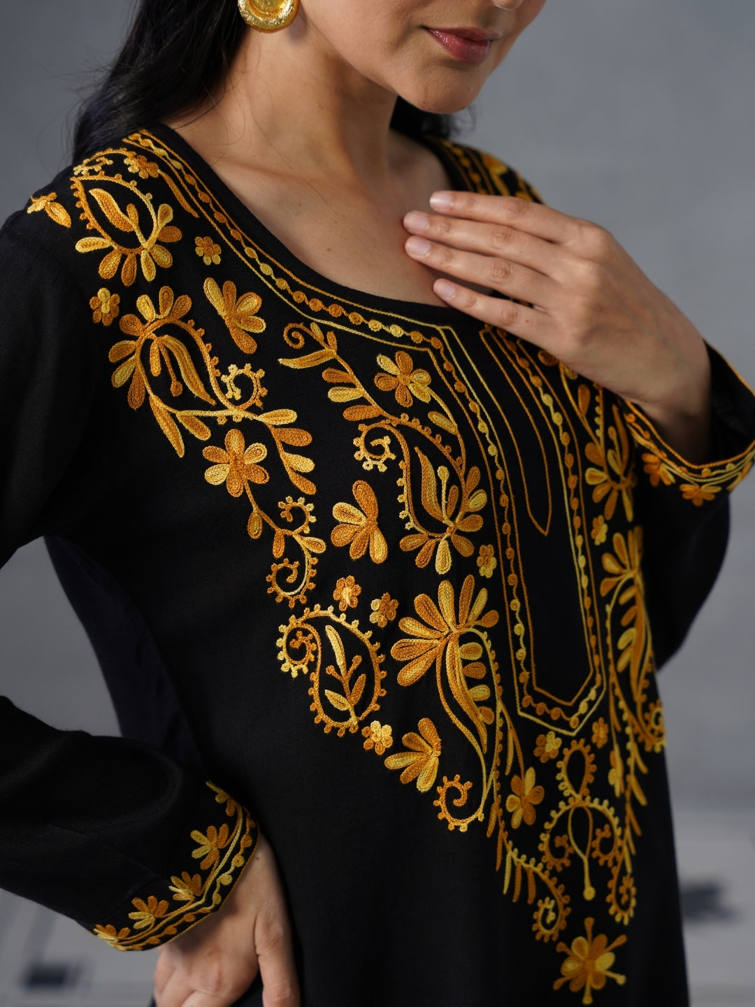 Women’s Black Kashmiri Aari Embroidered Yellow Floral Short Kurti – Casual  Office Wear