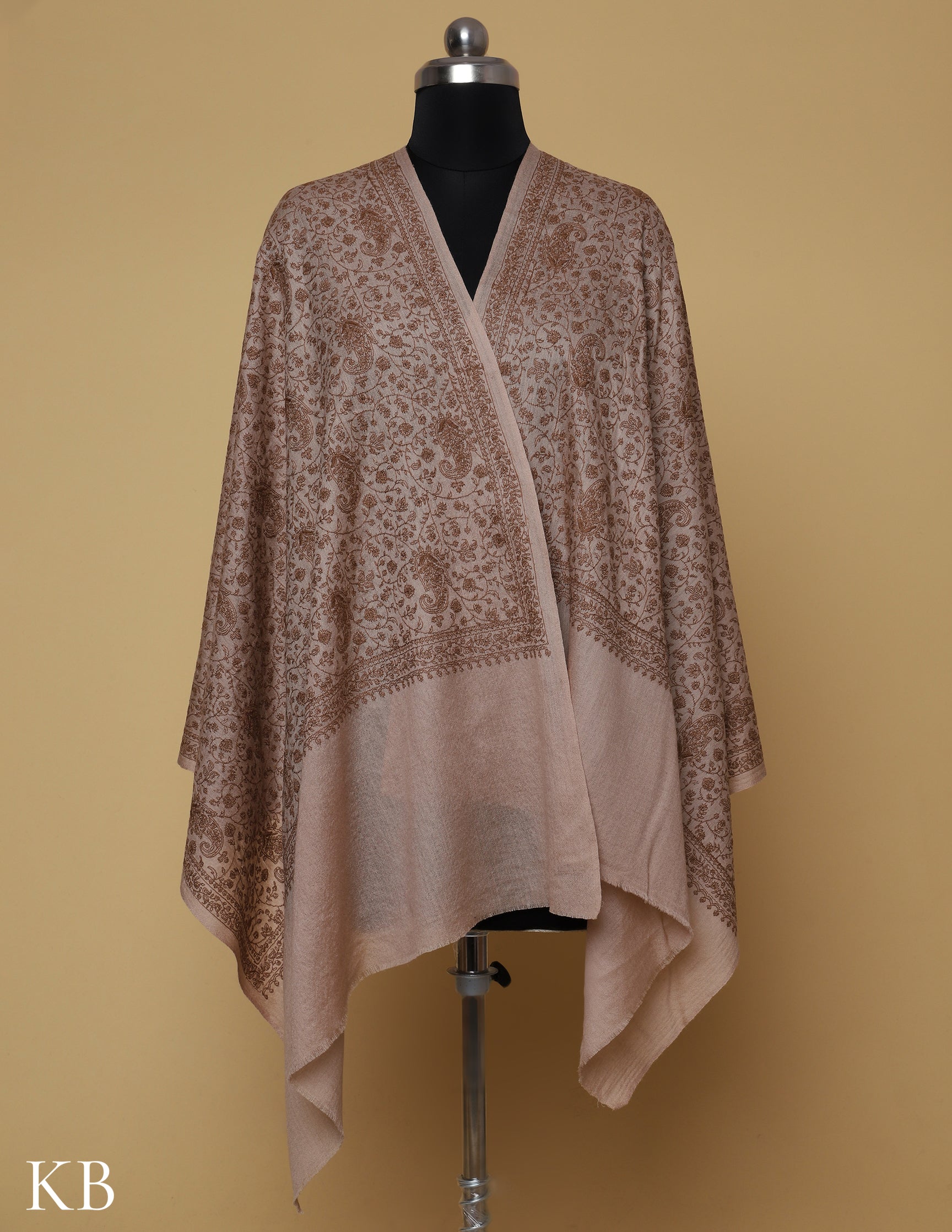 Beige Sozni Jali Embroidered Woolen Stole - Kashmir Box