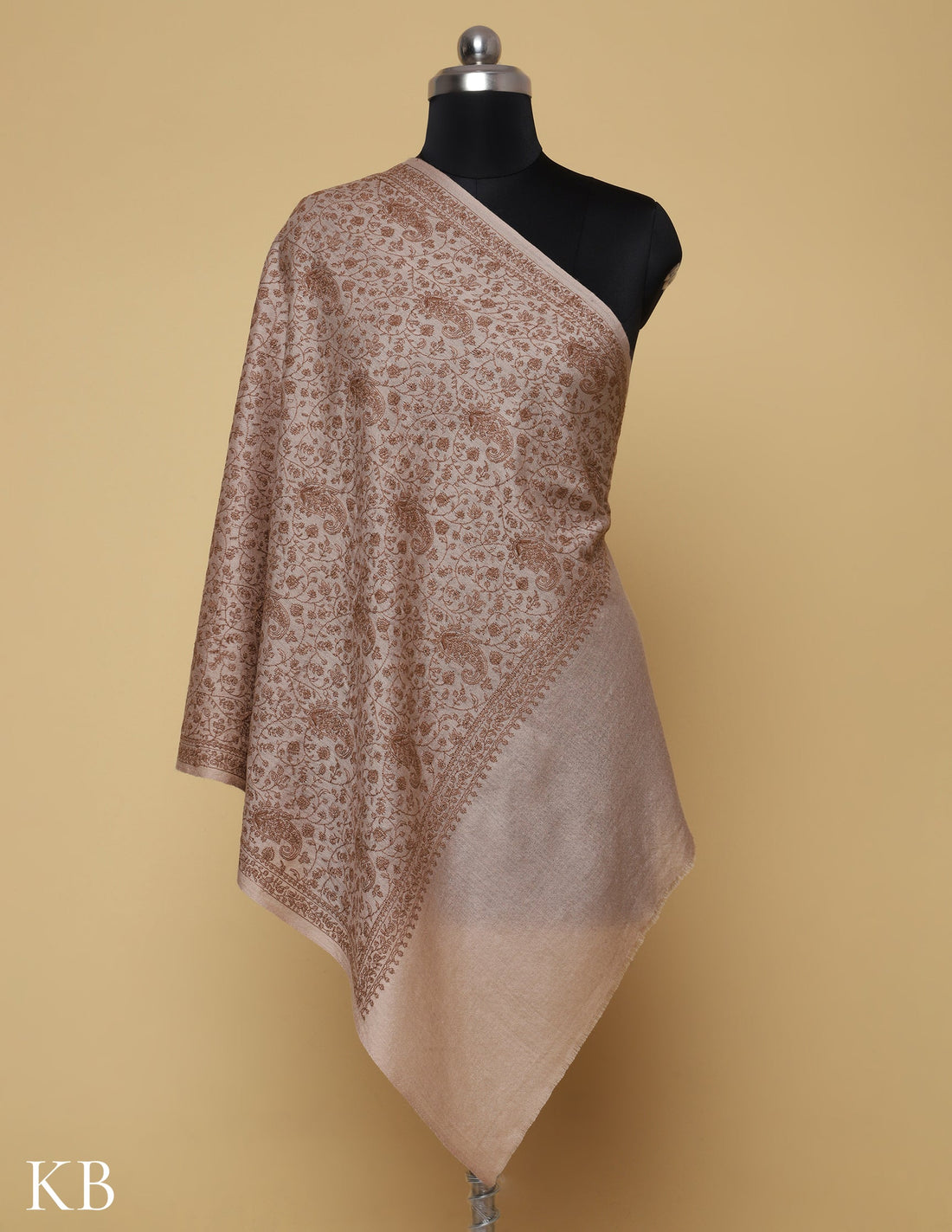 Beige Sozni Jali Embroidered Woolen Stole - Kashmir Box