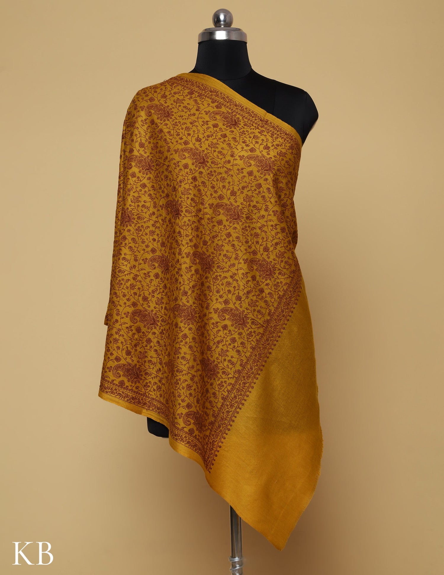 Golden Radiance Sozni Jali Embroidered Woolen Stole - Kashmir Box