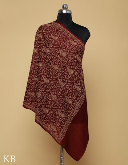 Maroon Oak Sozni Jali Embroidered Woolen Stole - Kashmir Box