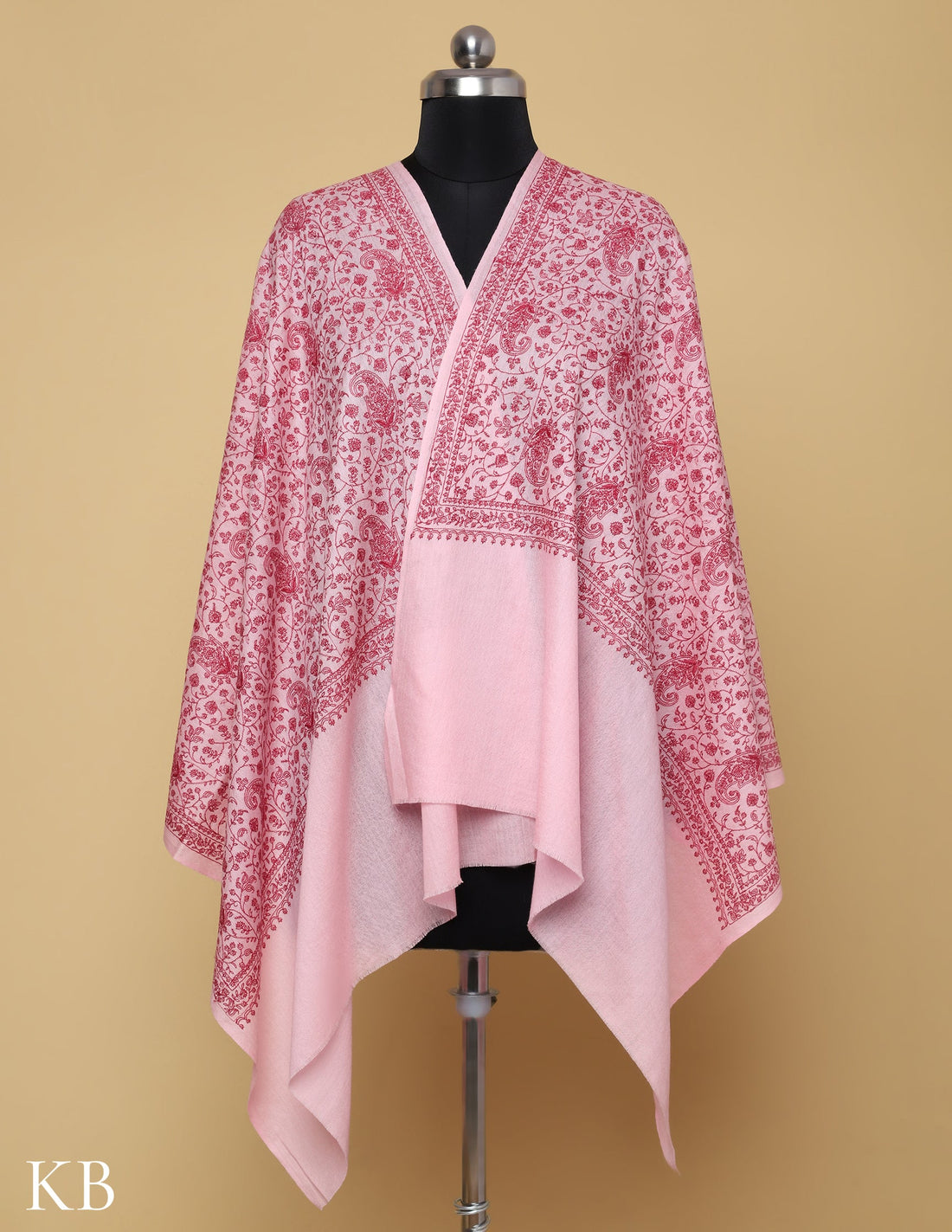 Pale Pink Sozni Jali Embroidered Woolen Stole - Kashmir Box