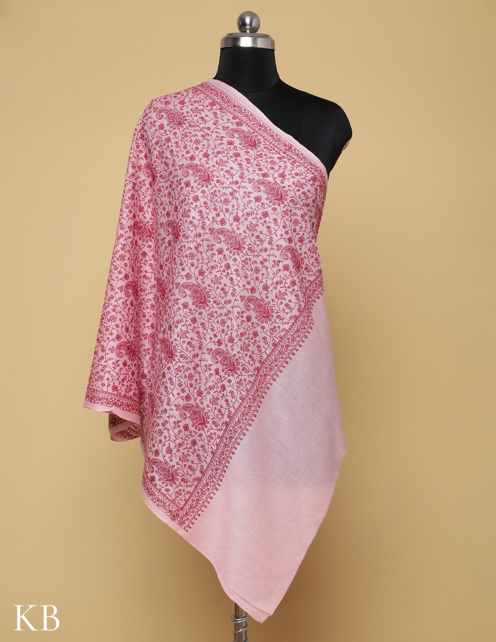 Pale Pink Sozni Jali Embroidered Woolen Stole - Kashmir Box