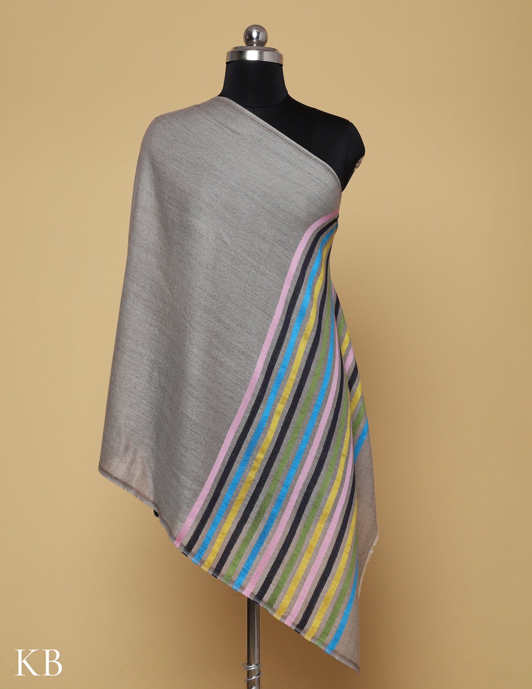 Silver Grey Silk Multi Striped Stole - Kashmir Box