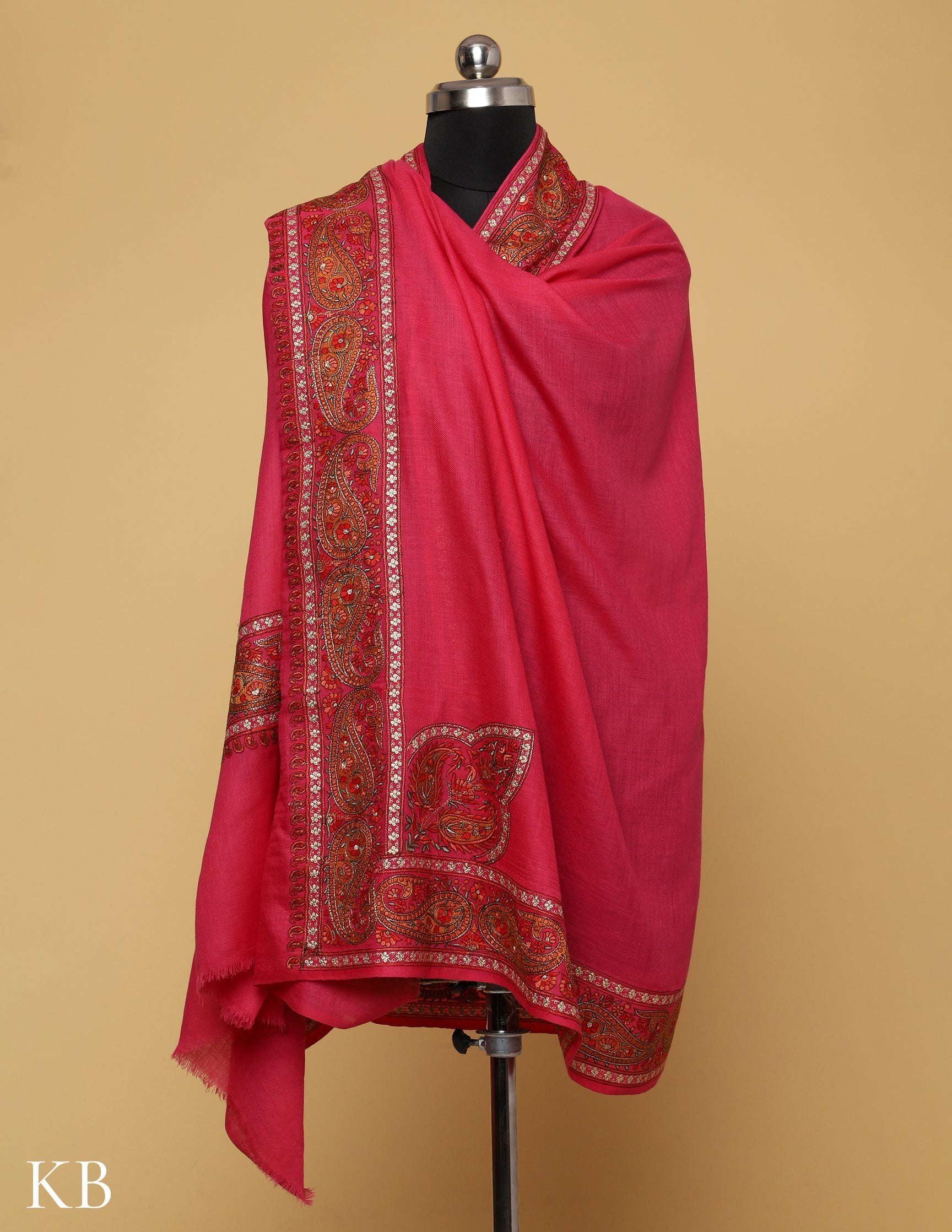 Barbie Pink Sozni Zari Palla Embroidered Polywool Shawl - Kashmir Box