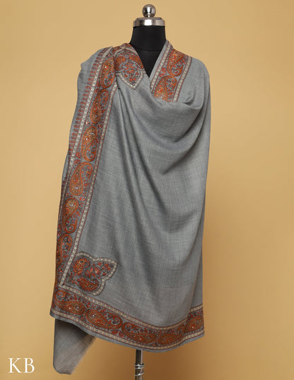 Grey Sozni Zari Palla Embroidered Polywool Shawl - Kashmir Box