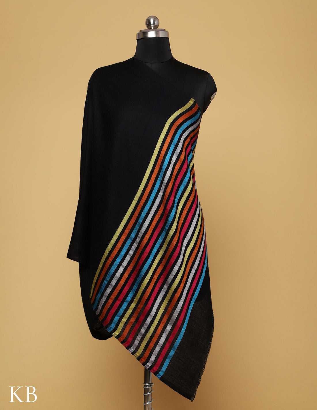 Black Silk Multi Striped  Stole - Kashmir Box