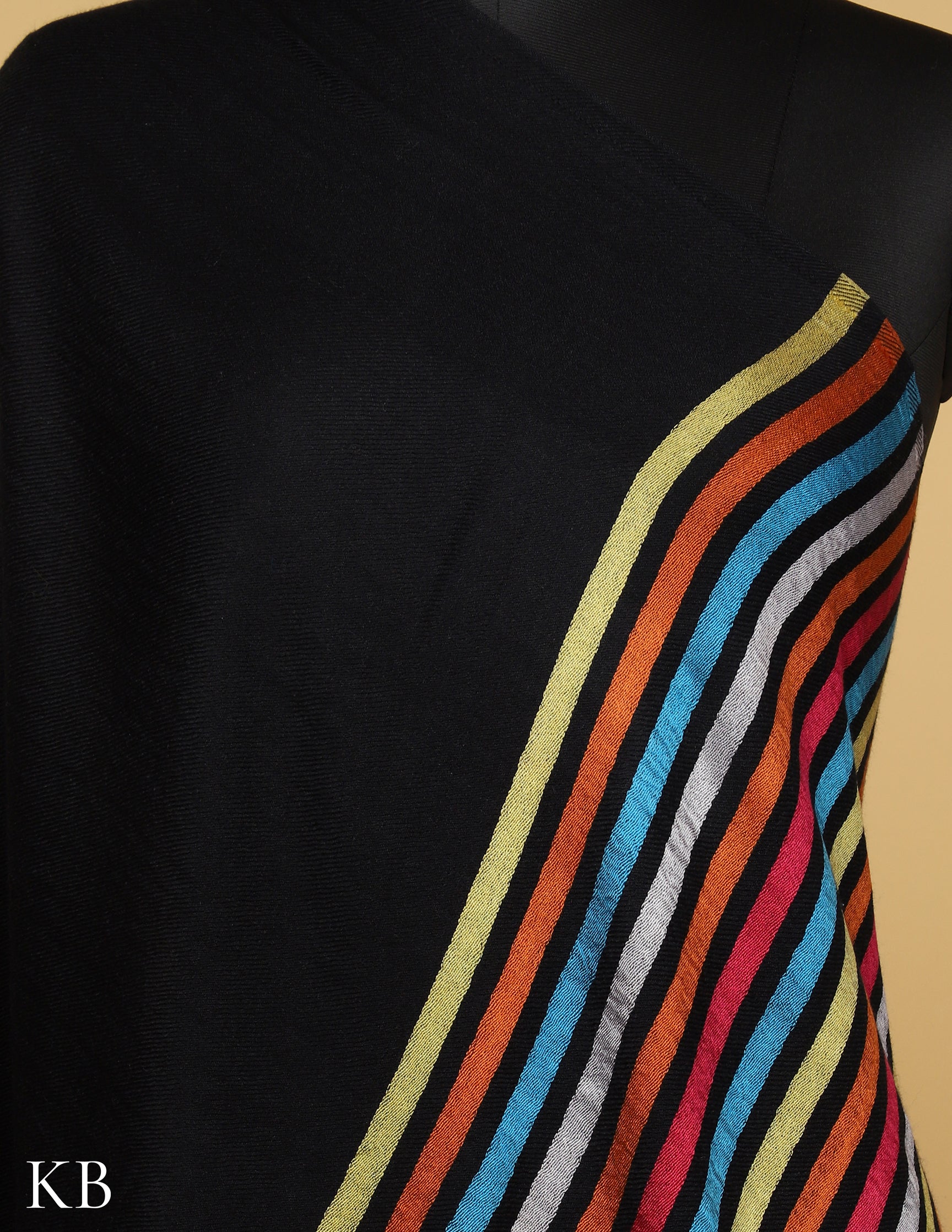 Black Silk Multi Striped  Stole - Kashmir Box