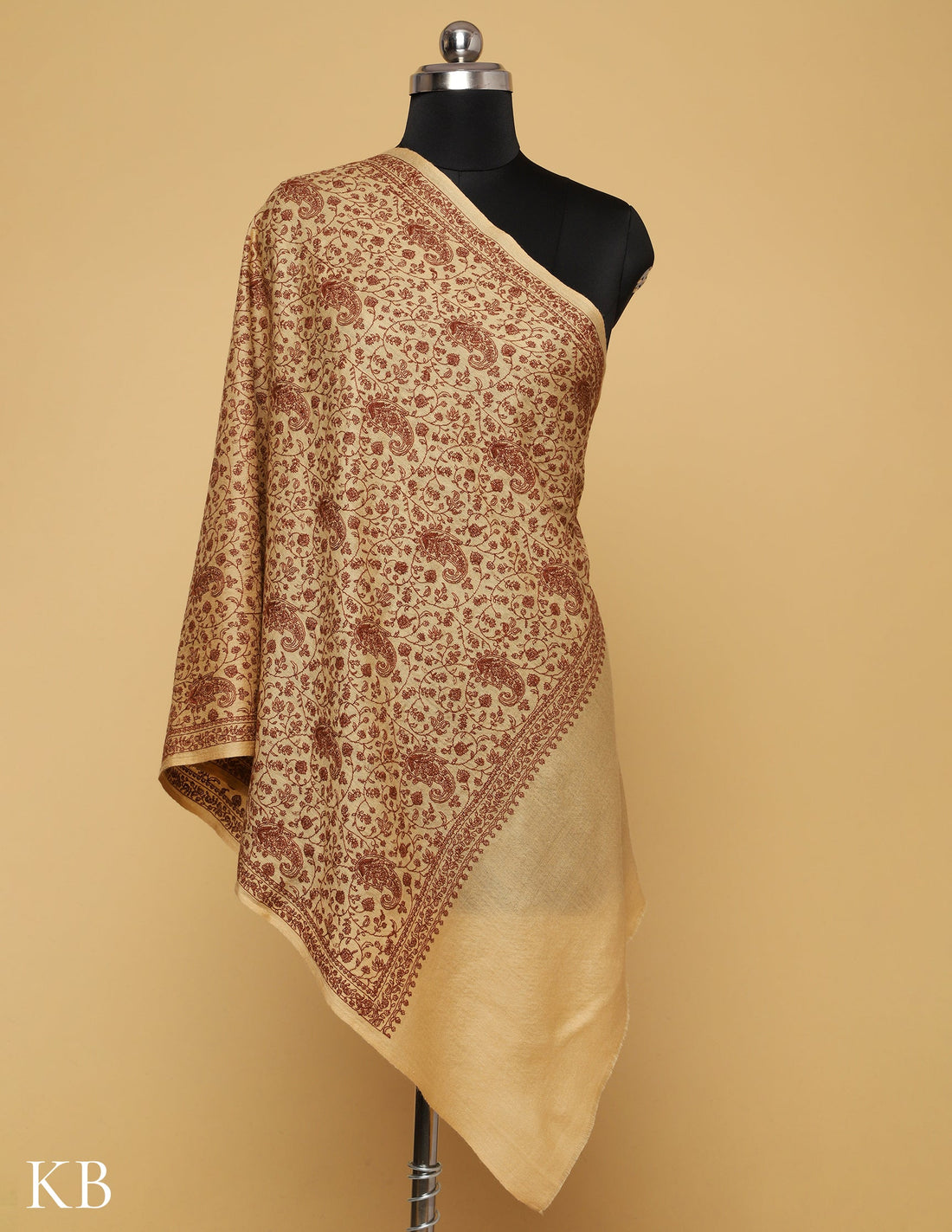 Double Cream Sozni Jali Embroidered Woolen Stole - Kashmir Box