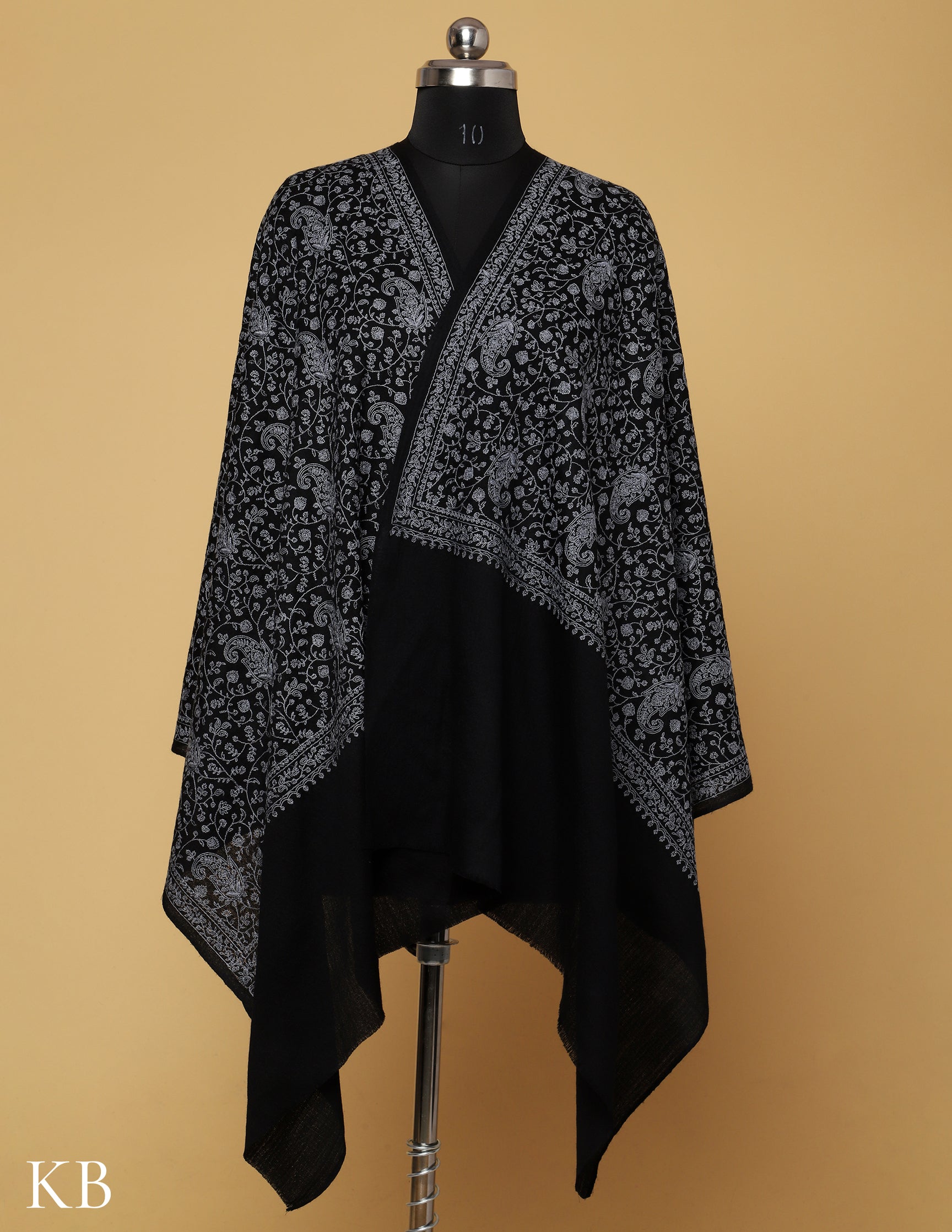 Espresso  Black  Sozni Jali Embroidered Woolen Stole - Kashmir Box