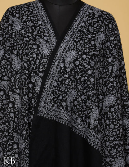 Espresso  Black  Sozni Jali Embroidered Woolen Stole - Kashmir Box