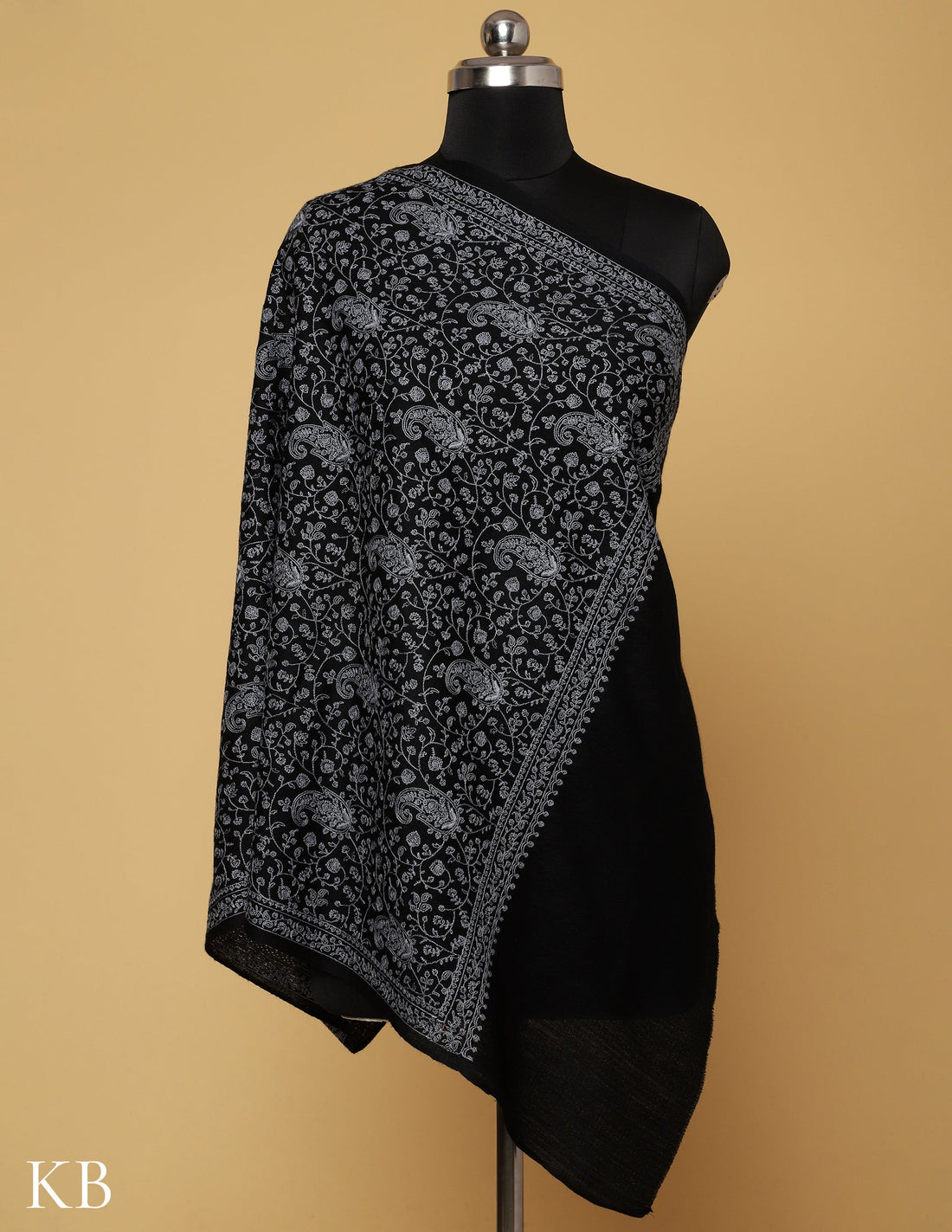 Espresso  Black  Sozni Jali Embroidered Woolen Stole - Kashmir Box