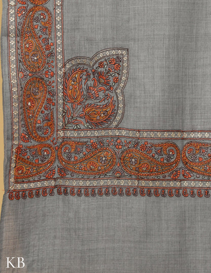 Grey Sozni Zari Palla Embroidered Polywool Shawl - Kashmir Box