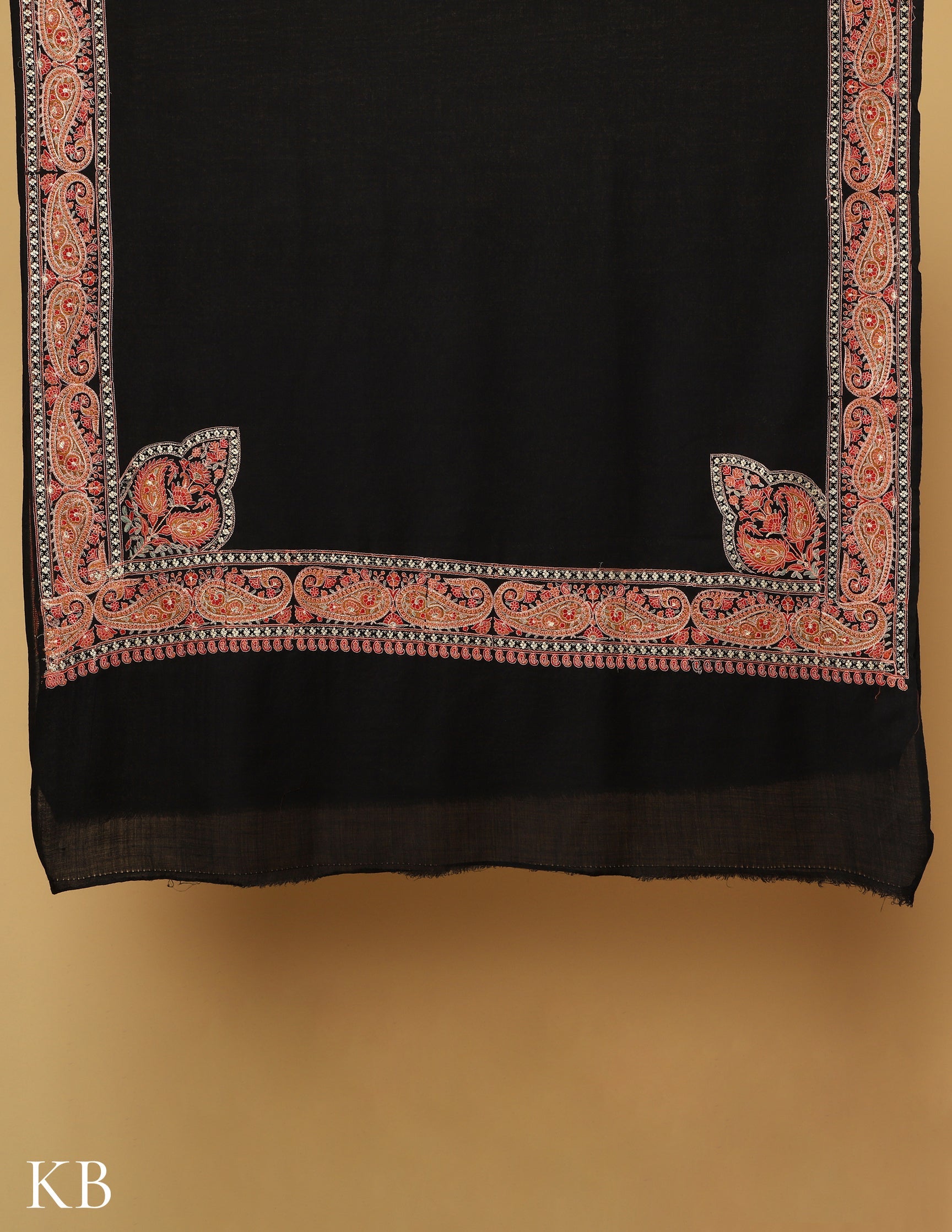 Black Sozni Zari Palla Embroidered Polywool Shawl - Kashmir Box