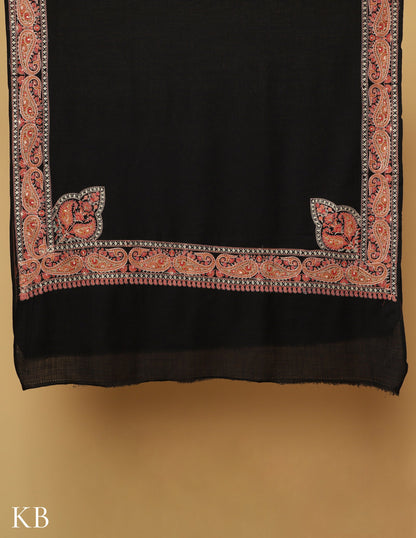 Black Sozni Zari Palla Embroidered Polywool Shawl - Kashmir Box