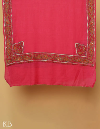 Barbie Pink Sozni Zari Palla Embroidered Polywool Shawl - Kashmir Box