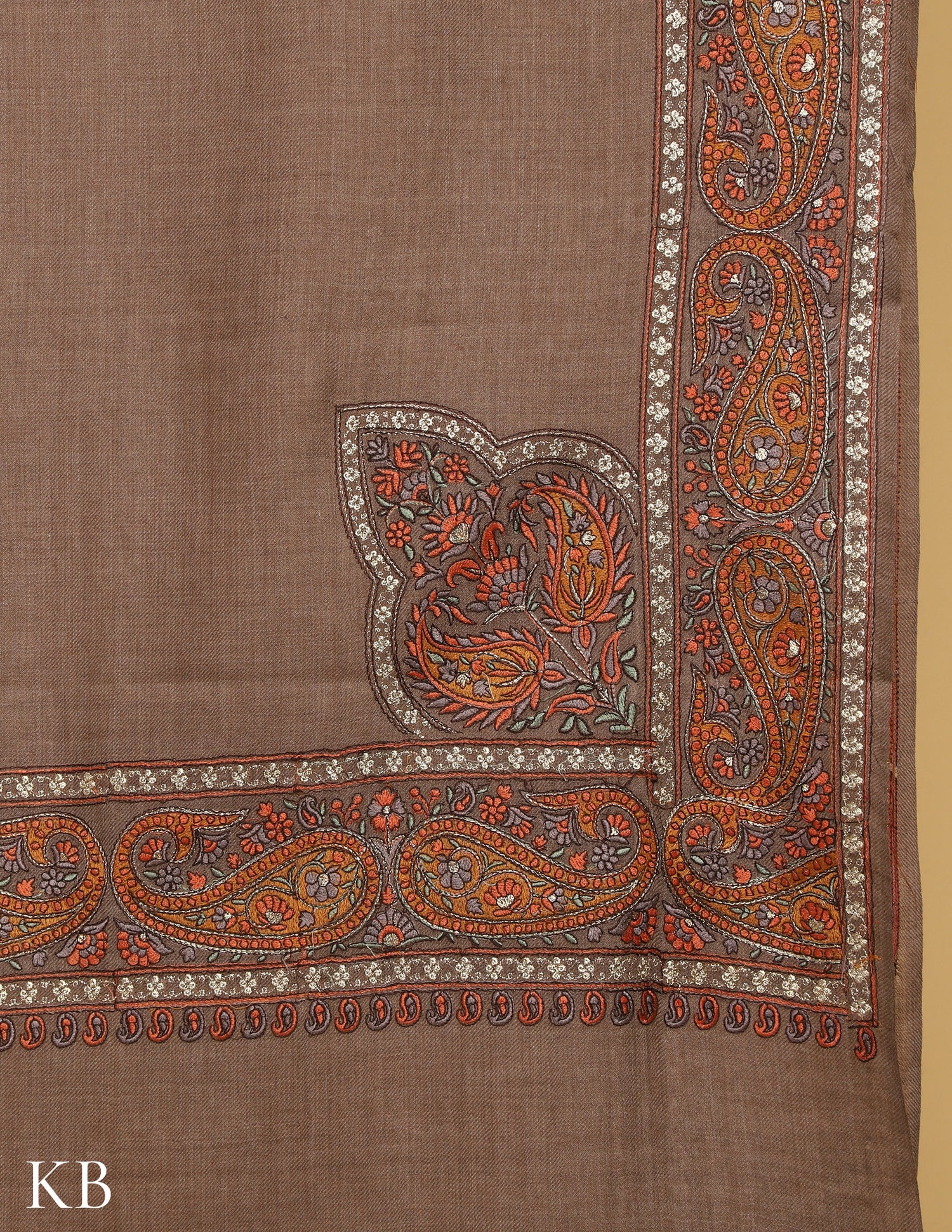 Warm Sand Sozni Zari Palla Embroidered Polywool Shawl - Kashmir Box